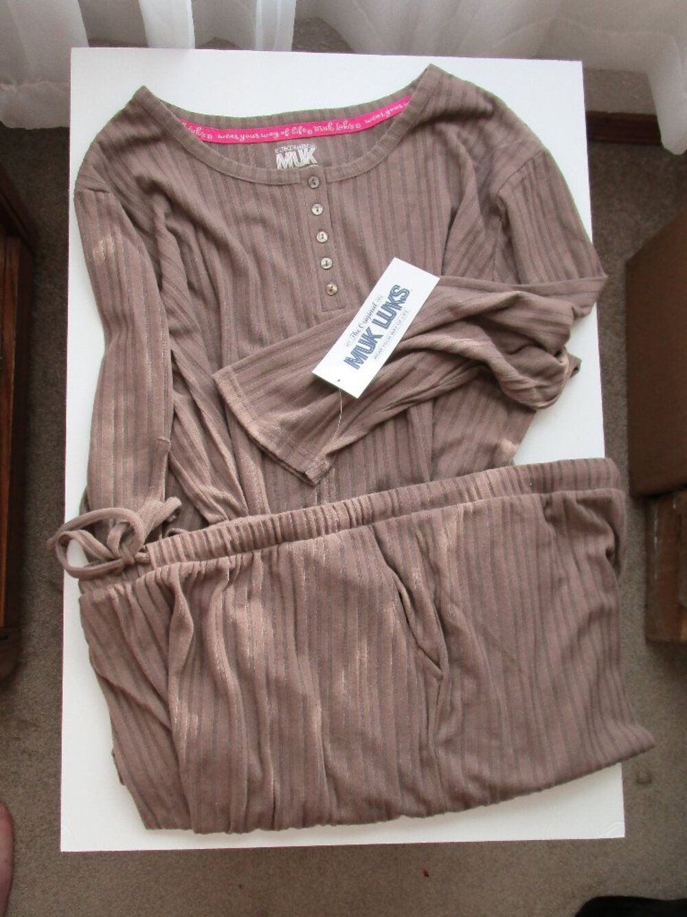 Muk Luks Ribbed Jersey Knit Pajama Set - taupe
